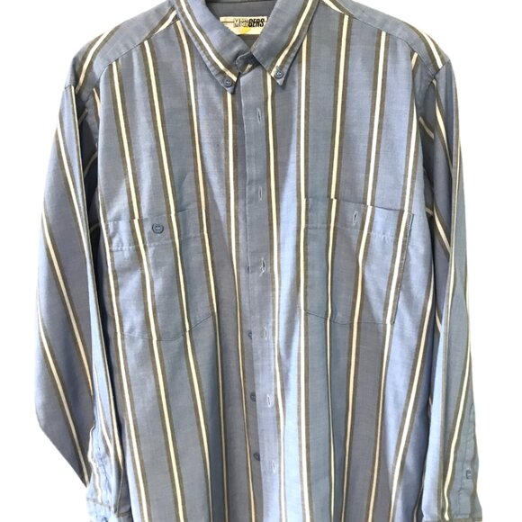 Mergers Button-Down Oxford Shirt: Vintage 80s Blue Gray Cream Striped, Size L - Picture 4 of 8